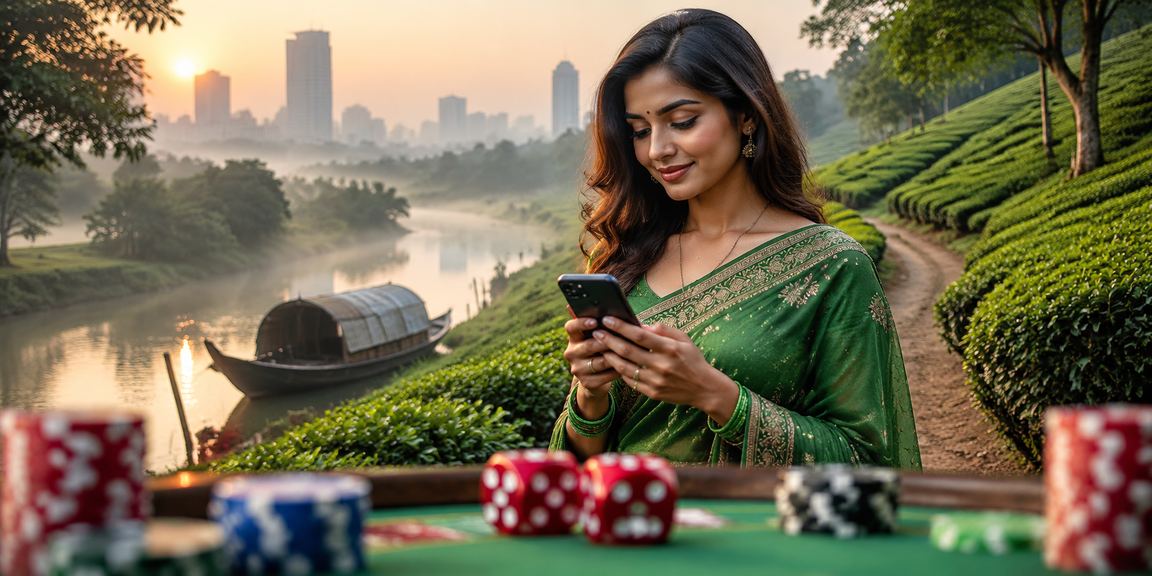 সুন্দরবনের প্রকৃতি পটভূমিতে লটারি ডাইস গেম খেলছেন একজন বাংলাদেশি নারী